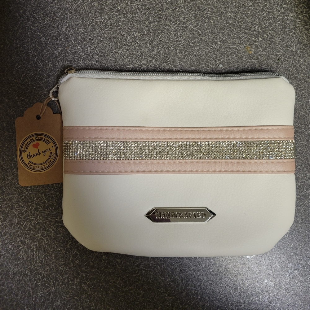 Handcrafted Elegant Cream Clutch With Sequins & Pink Accent- NWT.